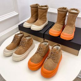 Tasarımcı kar ayak bileği şık klasik turuncu dantelli gündelik ayakkabılar sürü buzağı derisi kayma kauçuk kalın taban botları en iyi kalite