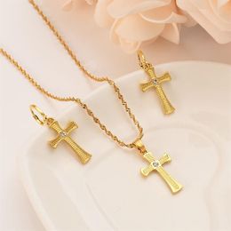 cross Necklace Earrings Set Solid Gold GF cz crystal Catholic Religious wedding bridal Jewellery Set Christmas birthday Gift314U