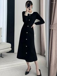 Casual Dresses Autumn Winter Fashion Women's High End Knitted Korean Chic Slim Long Sleeve Elegant Vintage Black A Line Dress