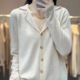 Collar cardigan sweater women's 100 wool long sleeved trend fine cashmere knitted coat autumn and winter top SXXL 231221