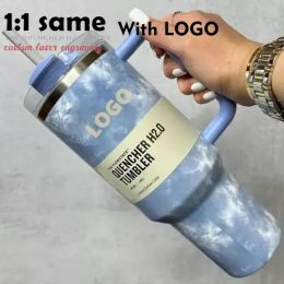 With LOGO 40OZ H2.0 Tye dye Mugs Cups Stainless Steel Tumblers Thermal Insulated 40 Oz 2nd Generation with Handle Lid and Straw Large Capacity Car 1PC DHL 1222