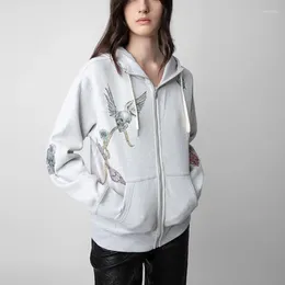 Women's Hoodies Autumn And Winter Hooded Cardigan Rhinestone Decorated Fleece Zipper Jacket Women