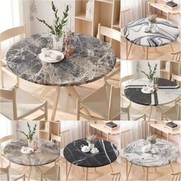 Marble Texture Fitted Round Tablecloth Waterproof Table Covers Elastic Edged White Marble Pattern Table Clothes for Dining Table 231221