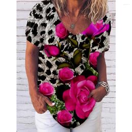 Women's T Shirts Casual Short Sleeve Loose Tops Oversized Ladies Floral Tee Summer 2023 Creativity 3D Print Women V-Neck Pullover