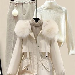 Winter Warm 3 Pieces Sets For Women Outfits Ladies Turtleneck Knitted Sweater hooded Fur Collar Parka en Harem Pants 231221