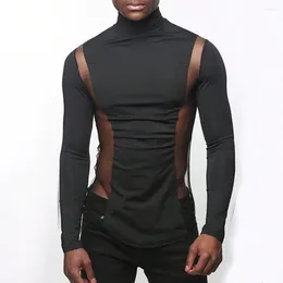 Men's T Shirts Mens Sexy Tight-Fitting Sports Fitness Mesh Long-Sleeved Tops Autumn Nightclubs Perspective Stitching Stretch Turtleneck