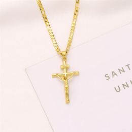 Italian inri Jesus Crucifix Cross Pendant Figaro Link Chain Necklace 9k Yellow Solid Gold GF 60cm 3mm Womens Mens2169