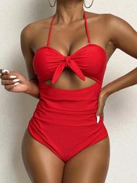 Women's Swimwear 2023 Halter Tie Front Swimsuit Women One Piece Solid Padded Female Bathers Bathing Swimming Swim Suit Beachwear