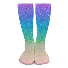 Women Socks Glitter Sparkle Stockings Unisex Rainbow Colorful Print Breathable Kawaii Outdoor Non Skid Birthday Present