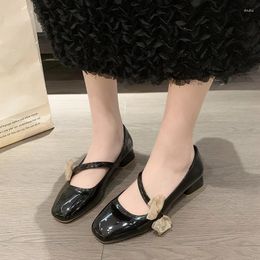 Dress Shoes Patent Leather Mary Jane Female Retro Block Heel Square Toe Work Pumps 2023 One-Word Buckle Strap Mid-Heel High Heels