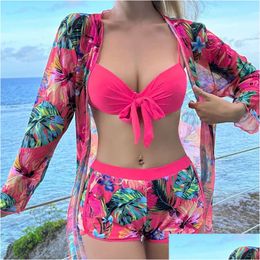 Two-Piece Suits Pink Print Separate Swimsuits Tankini Set Female Swimwear 2023 Sports Beach Wear Two Piece Bathing Suit Pool Women Swi Dhy2G