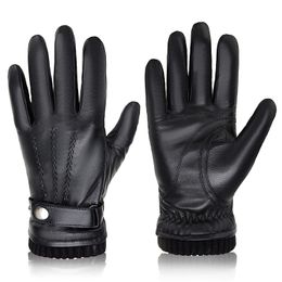 Men Sheepskin Gloves Winter Warm Touch Screen Full Finger Mittens High Quality Genuine Leather For 231221