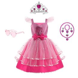 Girl's Dresses Girls' New Bow Print Small Flying Sleeve Cosplay Dress for Graduation ParTY Sweet and Cute Fashion Mesh DressL231222
