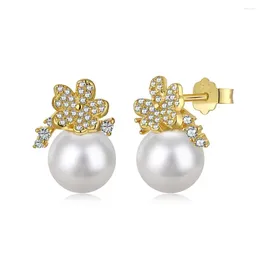 Stud Earrings S925 Sterling Silver Pearl Ear Studs Female Minority Style Light Luxury Full Of Diamond Jewellery