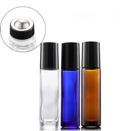 Transparent Brown Blue 10ml Roller Ball Bottle Perfume Black Steel Ball Roll On Container with Black Lids Qirwu