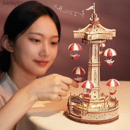 3D Puzzles 3d Diy Parachute Tower Wooden Puzzle With Music Box Moveable Magic Amusement Park Light Idea Gift For Kids Christmas Birthday YQ231222