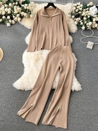 Women's Two Piece Pants Casual Knit Sets Womens Outfits Lapel Loose Pullover Sweater And Zipper Slit Hem High Waist Co Ord Set