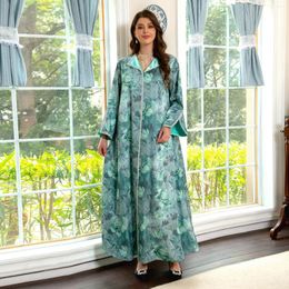 Ethnic Clothing Elegant Casual Party Dress Luxury Diamonds Vintage Floral Print Long Dresses Turn-down Collar Robe Muslim Women