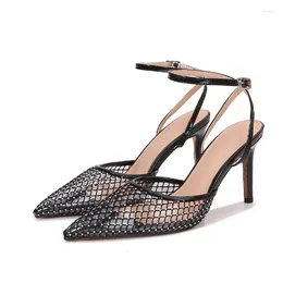 Sandals Summer Women's High Heels Sheepskin Mesh Rhinestone Baotou Heel Pointed Toe Stiletto Strap