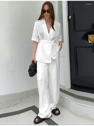 Women's Two Piece Pants Women White Elegant Blazer Sets Casual Short Sleeve Lace Up Coat And Straight Suit 2023 Office Lady Chic Streetwear