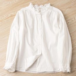 Women's Blouses French Women Retro Ruffles Stand Collar Disc Button Long Sleeve White Cotton Bottom Shirt Cute Lolita Blusas Mujer De Moda