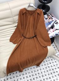 Casual Dresses Vintage Women Wool Blended V-neck Loose Long Knitted Sleeve Sweater Dress