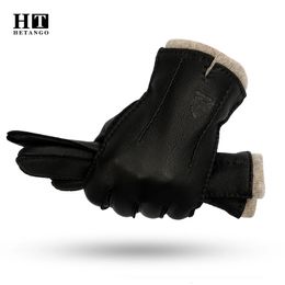 Winter Mens Leather Gloves HighGrade Deerskin HandSewn Warm WearResistant Wave Pattern ColdProof Mitten 70% Wool Lining 231221