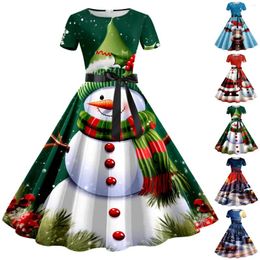 Casual Dresses Women Christmas Print Short Sleeve Evening Party Prom Dress Lace Up Belt Plus-size Swing For Vestido