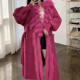 Women's Knits Fur Patchwork Maxi Windbreaker Sweater Outerwear Winter Lace Up Knited Cardigan Luxury Oversize Furry Long Women