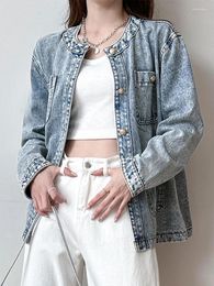 Women's Jackets Heavy Industry Pocket Jean Jacket Coat Women 2024 Winter Long Sleeve Boyfriend Harajuku Denim Loose Outfits