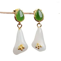 Dangle Earrings Authentic S925 Silver White Green Natural Jade