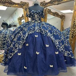 Navy Blue Quinceanera Dresses Ball Gown Applique Lace Bow Formal Prom Graduation Gowns Sweet 16 Dress vestidos 15 de xv anos