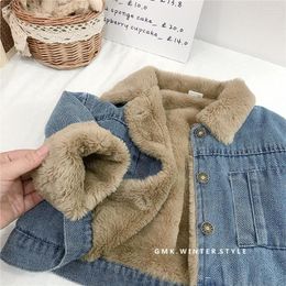 Jackets Winter Plush Thick Denim Jacket For Girls Fleece Thicken Warm Children Outerwear Turn Down Collar Baby Sweet Coats 1-0Y