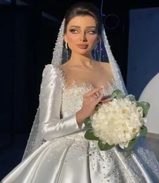 Muslim Luxury Wedding Dress 2024 Beading Pearls Lace Up Satin White Bridal Gown Arabic Bubai Custom Made Vestidos De Noiva