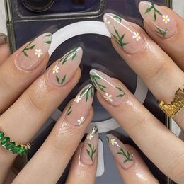 False Nails White Flowers Green Grass Pattern Press On Short Almond Tip Fake With Natural Reusable Glue