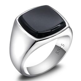 Turkish Ring for Men 925 Sterling Silver Black Square Natural Stone Rings Simple Classic Signet Jewellery to Male Women Gift 231221