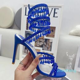 Stiletto heel Sandals Luxury Designer heels Crystal lamp pendant Rhinestone twining foot ring high heeled sexy womens wedding dress shoes narrow band