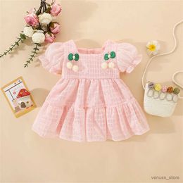 Girl's Dresses Baby Girl Summer 3d Cherry Decoration Solid Color Daily Knee Length Bubble Sleeve Cute Sweet Loose Fit Dress