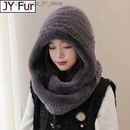 Beanie/Skull Caps Hot Sale New Women Real Knitted Rex Rabbit Fur Hat Hooded Scarf Long Winter Warm Fur Hat With Neck Collar Scarves Hat Scarf Q231222