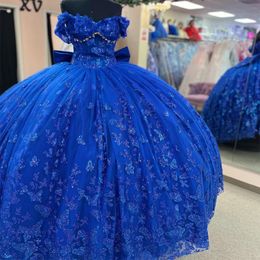 Blue Shiny Quinceanera Dresses Sleeveless Crystal Sequined Ball Gown Off The Shoulder Applique Lace Corset Vestidos Para XV