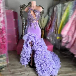 Sexy Lilac Prom Dresses For Black Girls Slit Ruffles Train Beads Evening Gowns Long Velvet Vestidos De Fiesta Party Dress