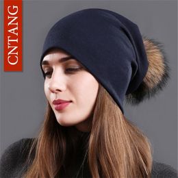 New Women's Beanie Hat Autumn Raccoon Fur Pompom Slouchy Cotton Beanies for Femme Winter Skullies&Beanies with Real Pompom Ba275S