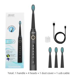 SEAGO Electric Toothbrush Rechargeable Sonic Travel Replacement Heads Smart Timer IPX7 Waterproof 5 Modes Adult 231222