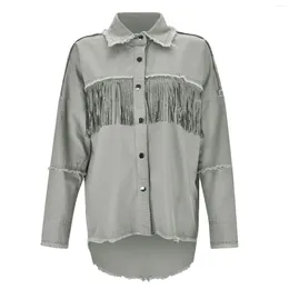 Women's Jackets Autumn Fringe Denim Jacket Shirt Casual Patchwork Vintage Long-Sleeved Coat Lapel Button Down