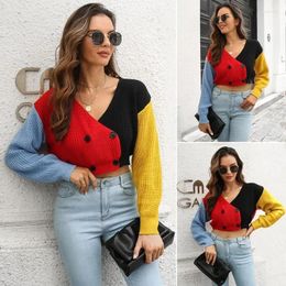 Women's Sweaters Winter Knitted Sweater Thick Coats Autumn Crop Top Jumper Women Double Button Patchwork Contrast Colour Cardigan 2023