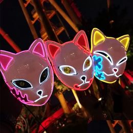 Party Masks Demon Slayer Glowing El Wire Mask Kimetsu No Yaiba Characters Cosplay Costume Accessories Japanese Fox Halloween Led Zt072 Dhie0