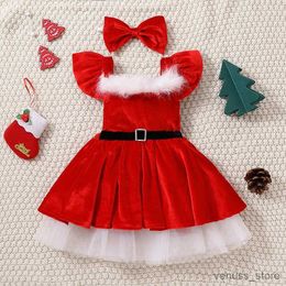 Girl's Dresses Kid Baby Girl Christmas Clothes Set Faux Fur Patchwork Long Sleeve Off Shoulder A-Line Dress with Belt + Bow Headband