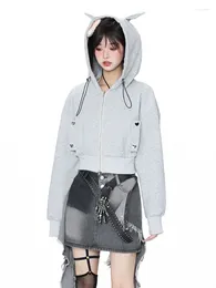 Women's Hoodies ADAgirl Kawaii Devil Horns Women Zip Up Cropped Sweatshirt Gothic Style Slim Outfits Design Aesthetics K Clothes Emo