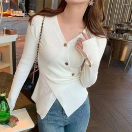 Women's Blouses Fall Winter Women Top Knitted Irregular Split Solid Colour V Neck Button Decor Soft Elastic Long Sleeve Pullover Lady Sweater
