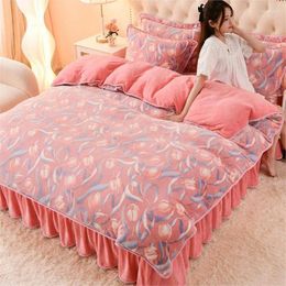 Bedding Sets BeddingSetThickened Milk Velvet Four-Piece Set Coral Warm Flannel Quilt Cover Bed Skirt Style Four-PieceSetBeddingBlanket